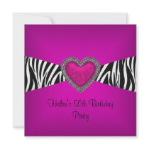 50th Birthday Party Pink Zebra Heart Black White Personalized Invitations