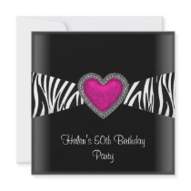 50th Birthday Party Pink Zebra Heart Black White Custom Invitations