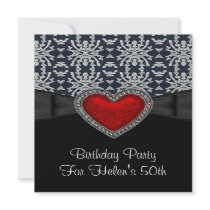 50th Birthday Party Red Heart Jewel Damask Black