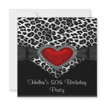 50th Birthday Party Red Heart Leopard Black White Invitations