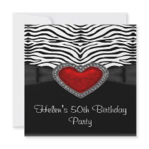 50th Birthday Party Red Heart Zebra Black White Announcements
