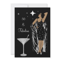 50th Birthday Party Retro Diva deco Black White Announcements