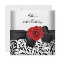 50th Birthday Party White Silver Flower Black Bow Invite