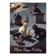 5 Cats singing on a roof at night birthday card