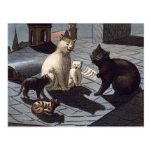 5 Cats with music sheet singing on a roof at night Post Card