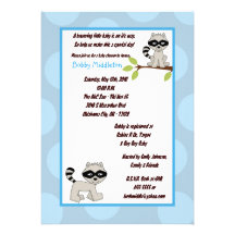 5x7 Blue Boy Racoon  Baby Shower Invitation