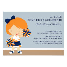 5x7 Blue/Orange Cheerleader Birthday Party Invite