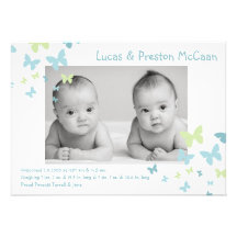 5x7 Boy Twins Butterfly Photo Birth Announcement
