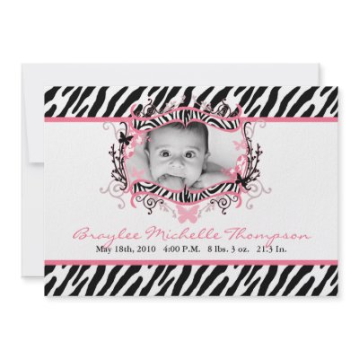 5x7 Butterfly Zebra Print Photo Birth Announcement by AnnLeeDesigns