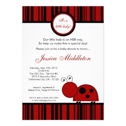 5x7 Crimson Red Lady Bug Baby Shower Invitation