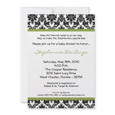 5x7 Green Lime Black Damask Baby Shower Invitation by AnnLeeDesigns