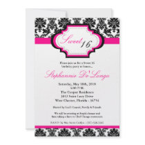 5x7 Hot Pink Damask Sweet 16 Birthday Invitation