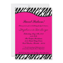 5x7 Hot Pink Zebra Sweet16 Birthday Party Invite