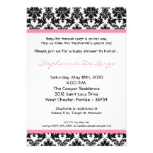5x7 Light Pink Black Damask Baby Shower Invitation