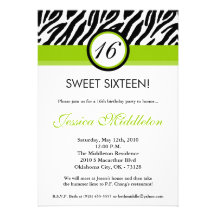 5x7 Lime Green Zebra 16th Birthday Invitation