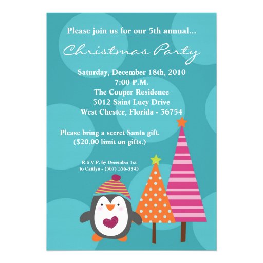 5x7 Modern Penguin Tree Christmas Party Invitation