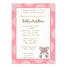 5x7 Pink Girls Elephant  Baby Shower Invitation