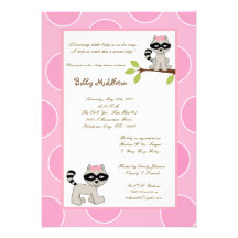5x7 Pink Girls Racoon  Baby Shower Invitation
