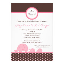 5x7 TWINS Mod Pink Elephant Baby Shower Invitation
