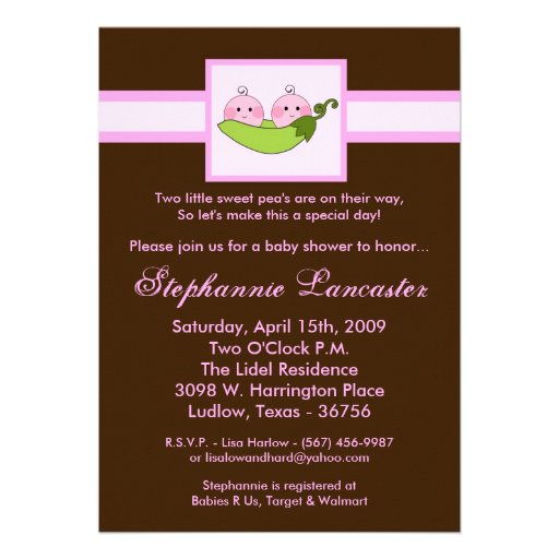 5x7 TWINS Sweet Pea in Pod Baby Shower Invitation