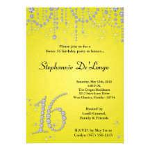 5x7 Yellow Diamond Sweet 16 Birthday Invitation