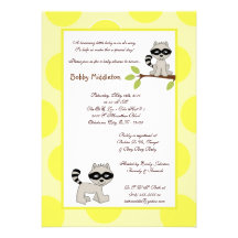 5x7 Yellow Woodland Racoon  Baby Shower Invitation