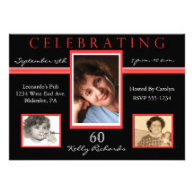 60th Birthday Tri Photo Invitations Black & Red