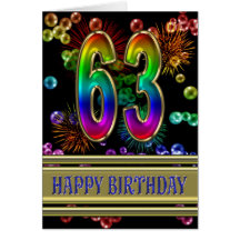 63rd Birthday with rainbow bubbles and fireworks Greeting Card