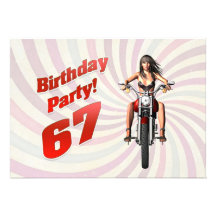 67th birthday party with a girl on a motorbike invite