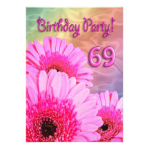 69th Birthday party invitation with pink flowers
