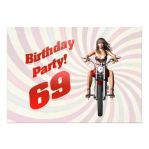 69th birthday party with a girl on a motorbike custom announcements
