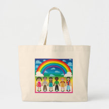 6 happy kids under a rainbow with a colourful back canvas bag