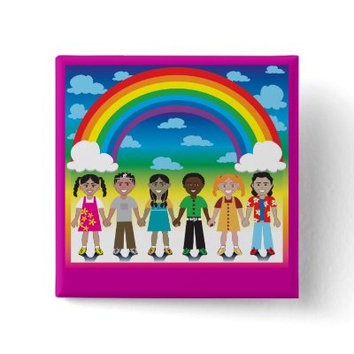 6 happy kids under a rainbow with a colourful back by BasheeraDesigns