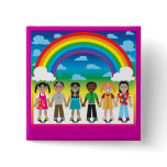 6 happy kids under a rainbow with a colourful back buttons