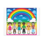 6 happy kids under a rainbow with a colourful back