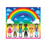 6 happy kids under a rainbow with a colourful back postcards