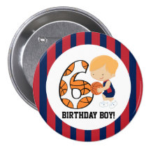 6th Birthday Blue and Red Basketball Player v2 Button