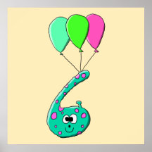 6th Birthday Cartoon, Teal Green and Fuchsia Pink. Print