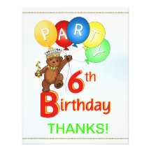 6th Birthday Party Bear Thank You Personalized Invitations