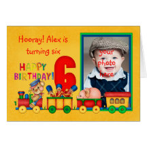 6th birthday photo card with toy train - toy train