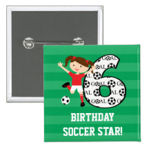 6th Birthday Red and White Soccer Girl 1 Buttons