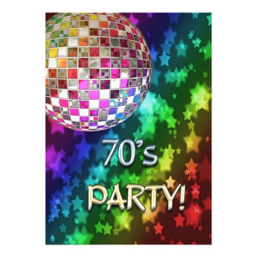 70s invitation with disco ball and rainbow of star