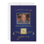 70th Birthday Invitations - Blue Monogram & Photo