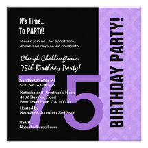 75th Birthday Modern Purple Black C848 Invitations
