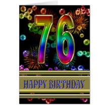 76th Birthday with rainbow bubbles and fireworks Card