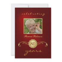 80th Birthday Invitations - Red & Gold Monogram
