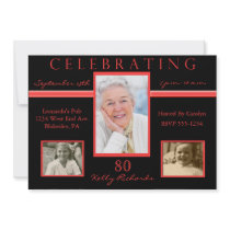 80th Birthday Party Tri Photo Invitations Red & Bl