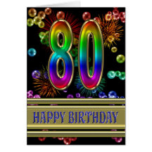 80th Birthday with rainbow bubbles and fireworks Greeting Card