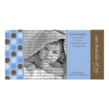 8x4 Birth Announcement Blue and Brown Polka Dots Photo Card