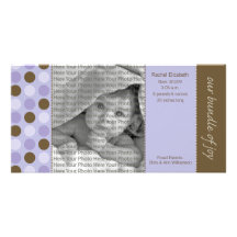 8x4 Birth Announcement Purple and Brown Polka Dots Picture Card